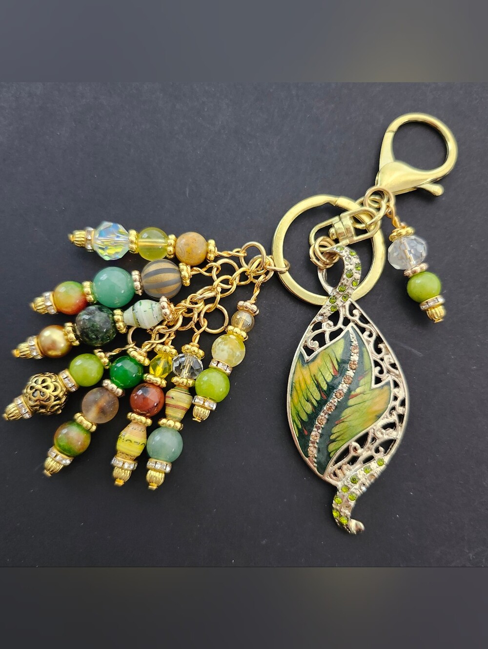 Ornate Leaf Purse Charm or Keychain Rhinestone Agate Jade Aventurine Handcrafted